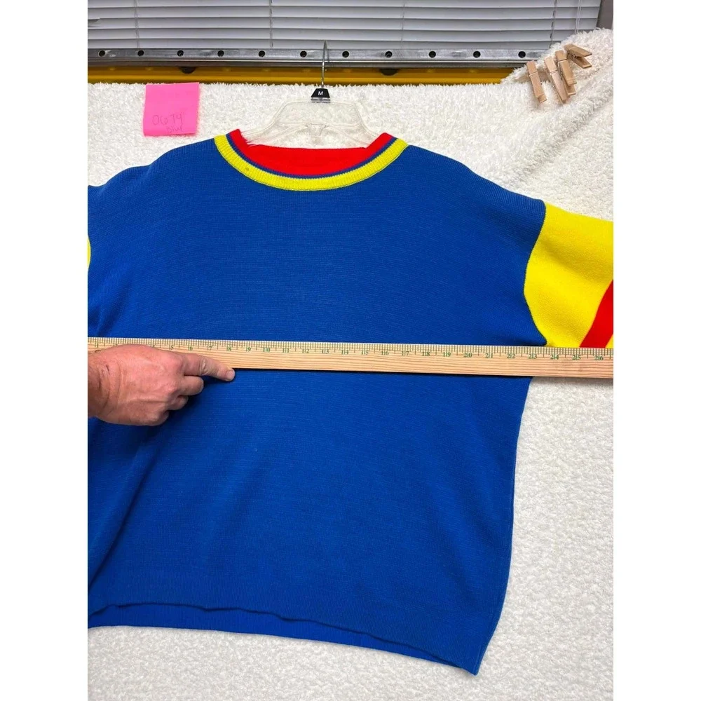 Vintage Color Block Knit Sweater Blue Yellow Red Striped Crewneck Mens XL